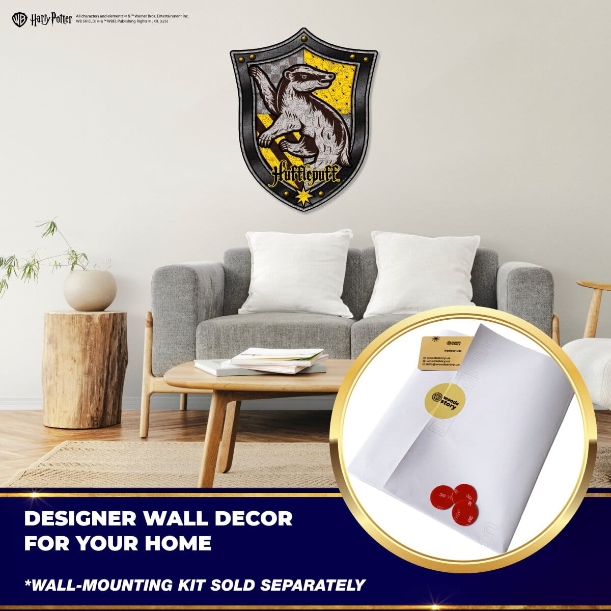 Hogwarts house emblem wall decor above a sofa with a close-up of the packaging.