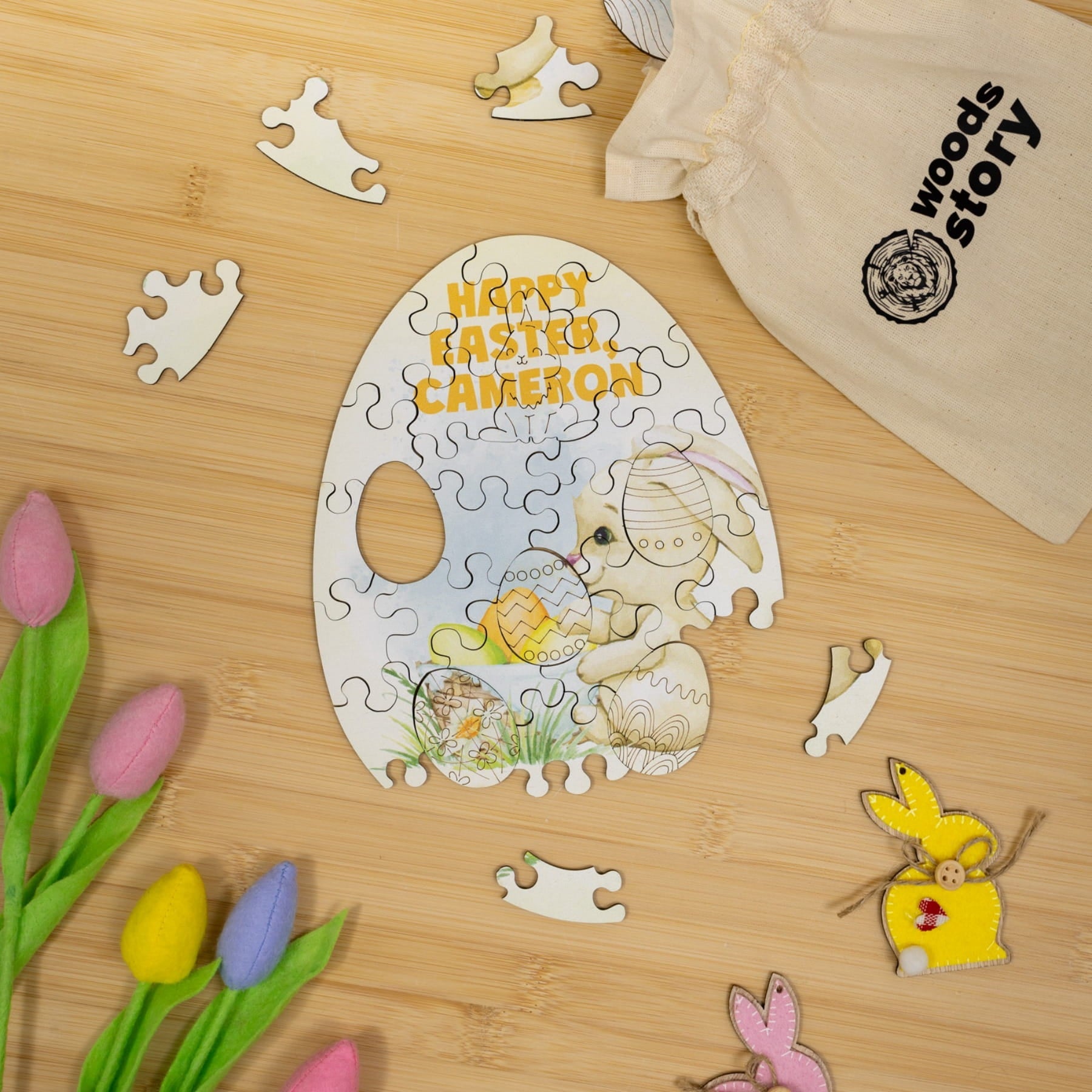 Wooden Easter Jigsaw Puzzle for Kids - Cute Easter Bunny - Woods Story