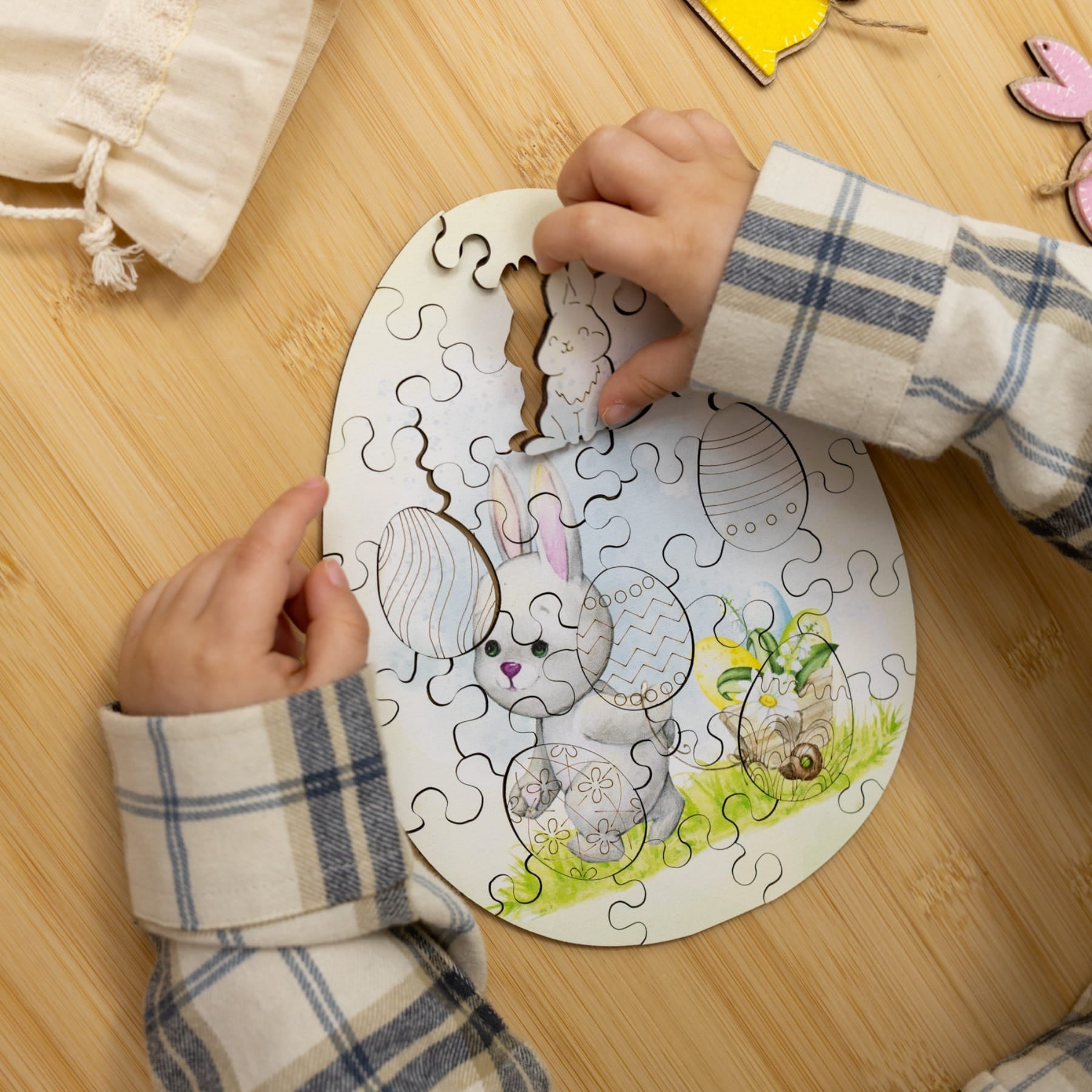 Wooden Easter Jigsaw Puzzle for Kids - Easter Bunny with Cart - Woods Story