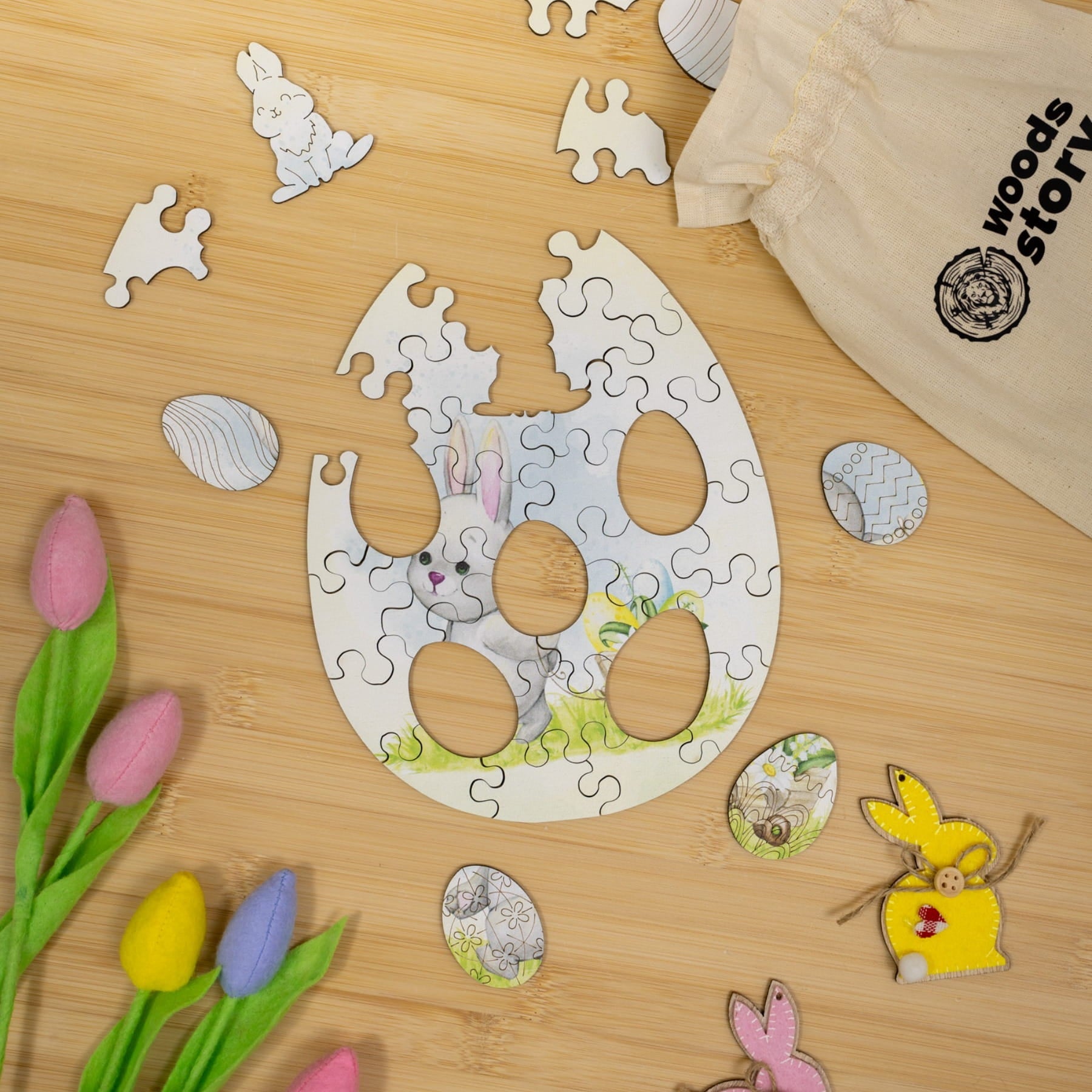 Wooden Easter Jigsaw Puzzle for Kids - Easter Bunny with Cart - Woods Story