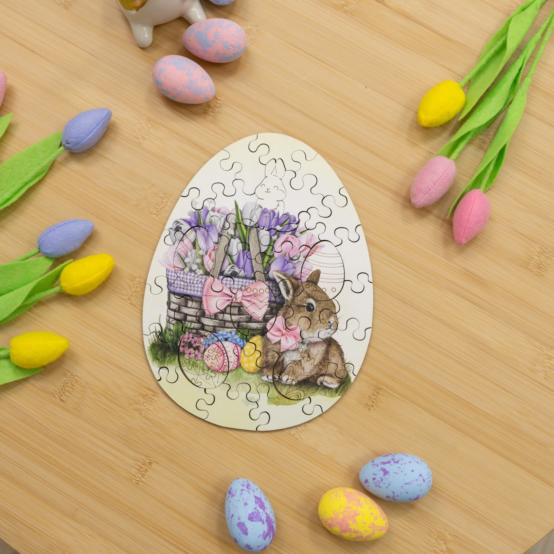 Wooden Easter Jigsaw Puzzle for Kids - Easter Bunny with Flowers - Woods Story