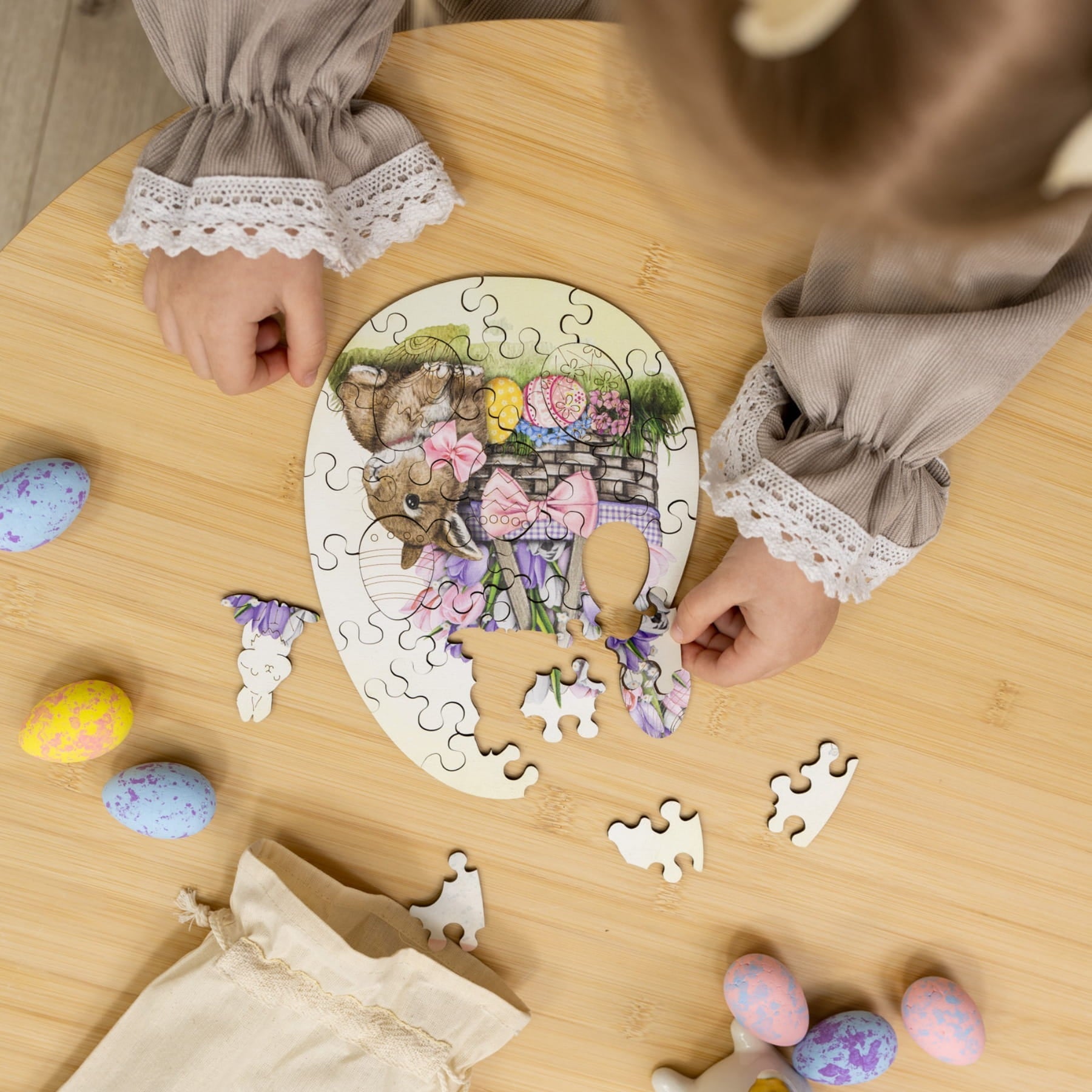 Wooden Easter Jigsaw Puzzle for Kids - Easter Bunny with Flowers - Woods Story