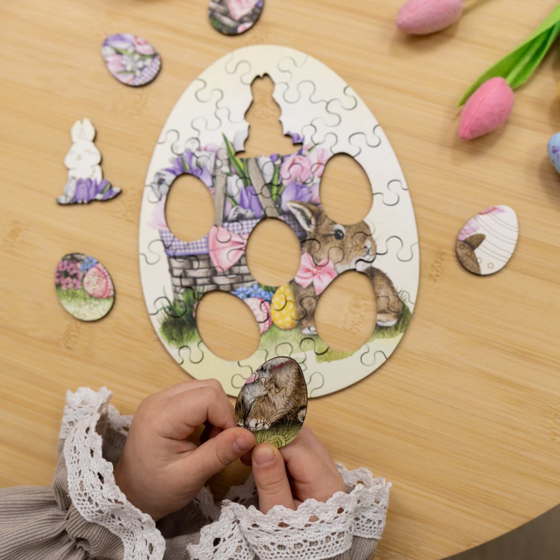 Wooden Easter Jigsaw Puzzle for Kids - Easter Bunny with Flowers - Woods Story