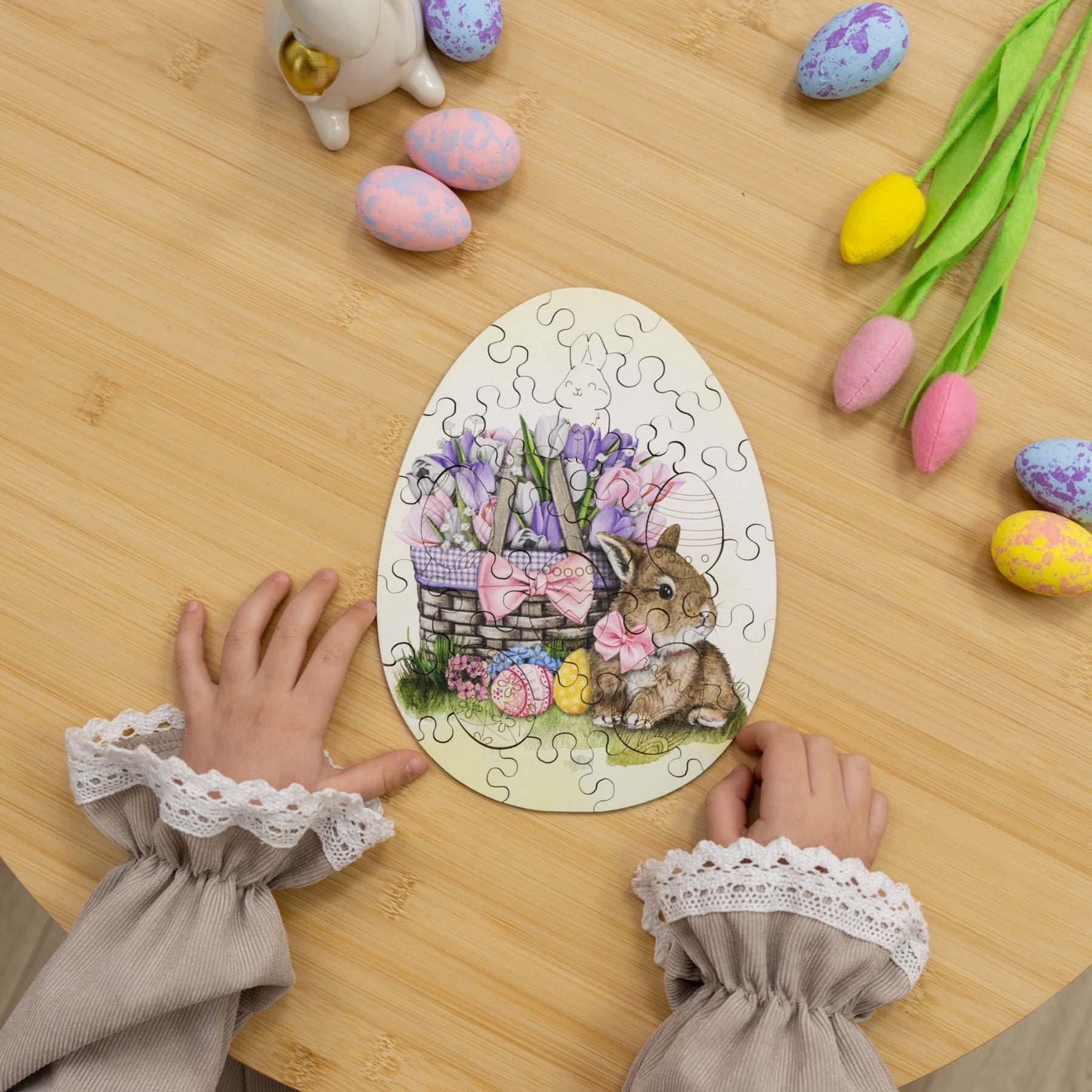 Wooden Easter Jigsaw Puzzle for Kids - Easter Bunny with Flowers - Woods Story