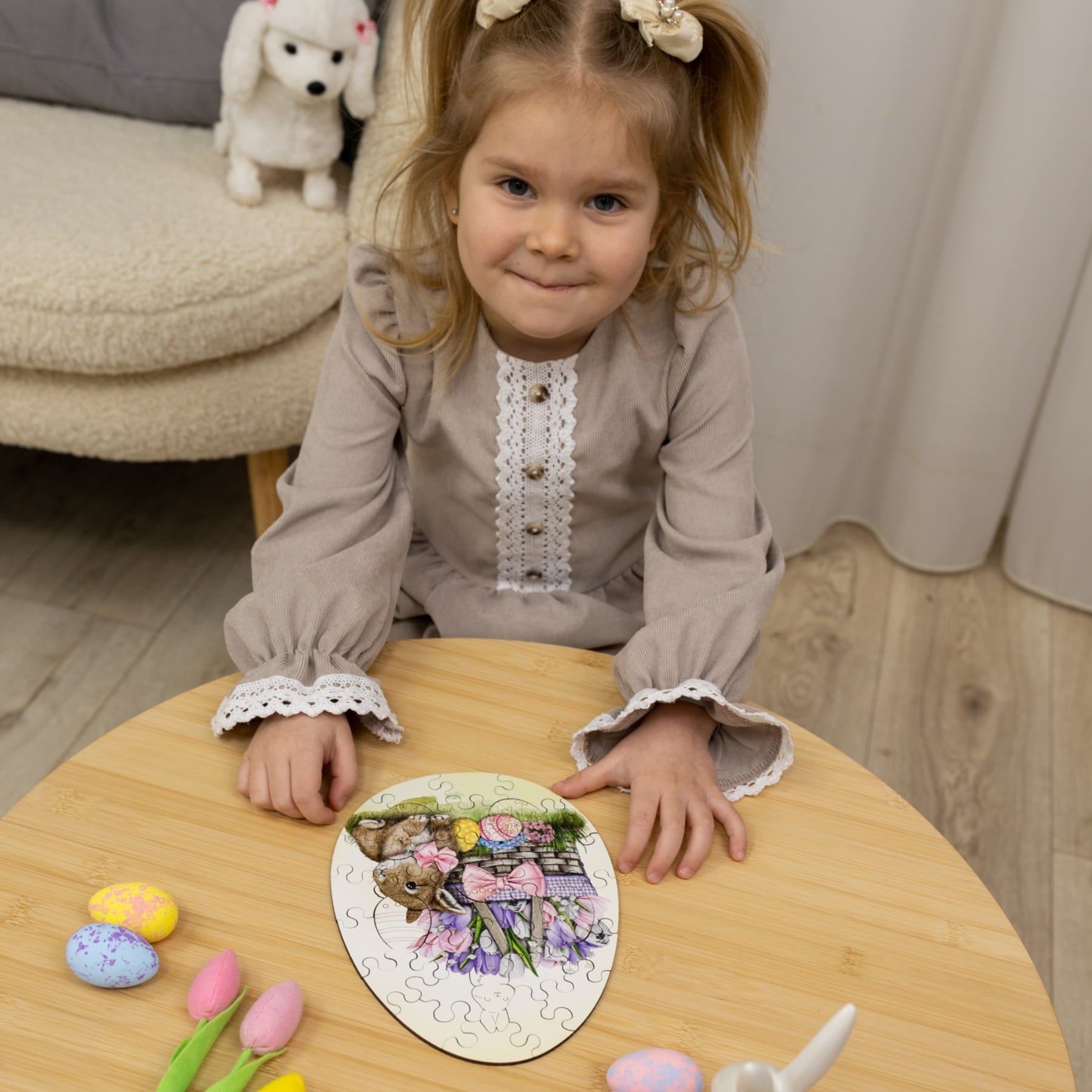 Wooden Easter Jigsaw Puzzle for Kids - Easter Bunny with Flowers - Woods Story