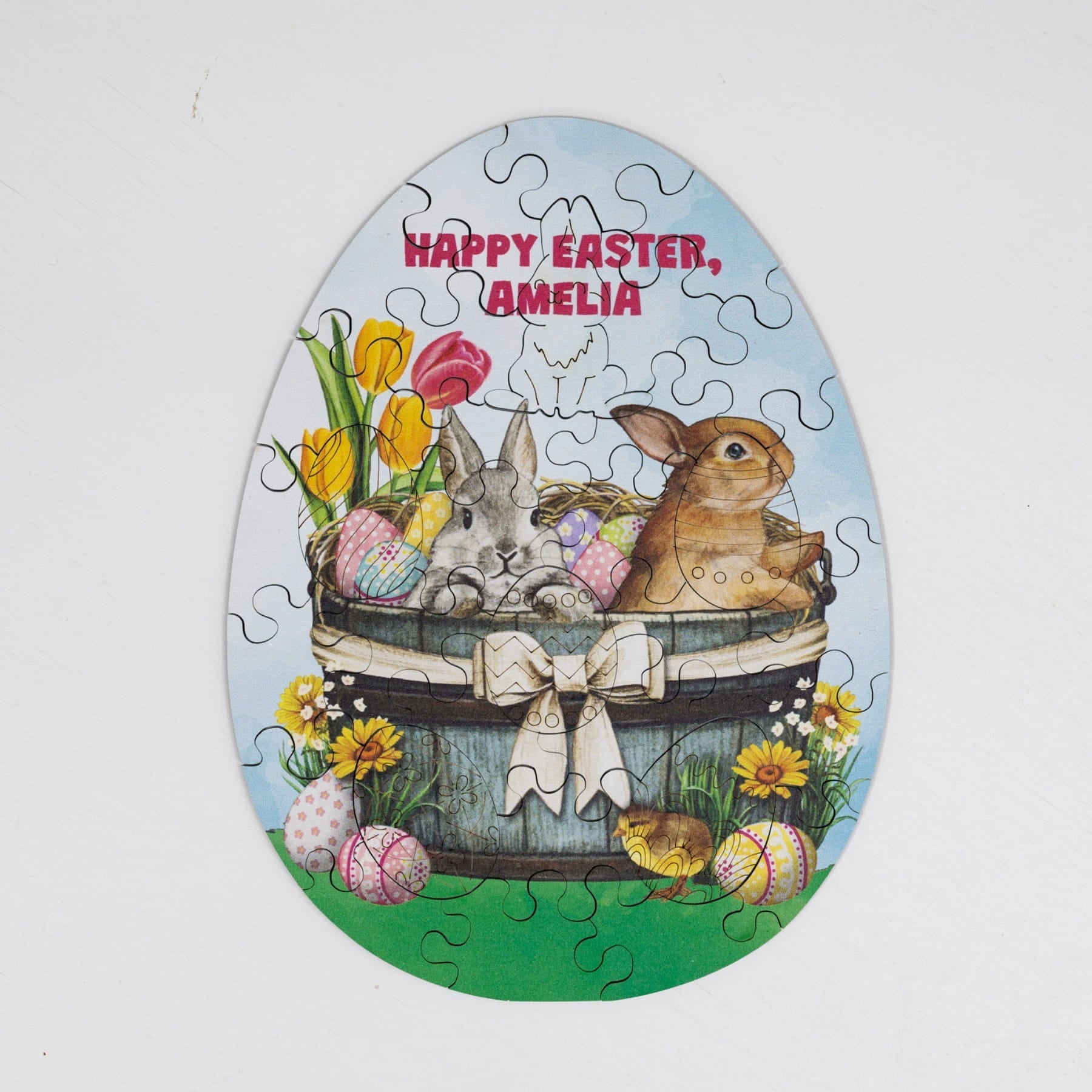 Wooden Easter Jigsaw Puzzle for Kids - Easter Rabbits in Basket - Woods Story