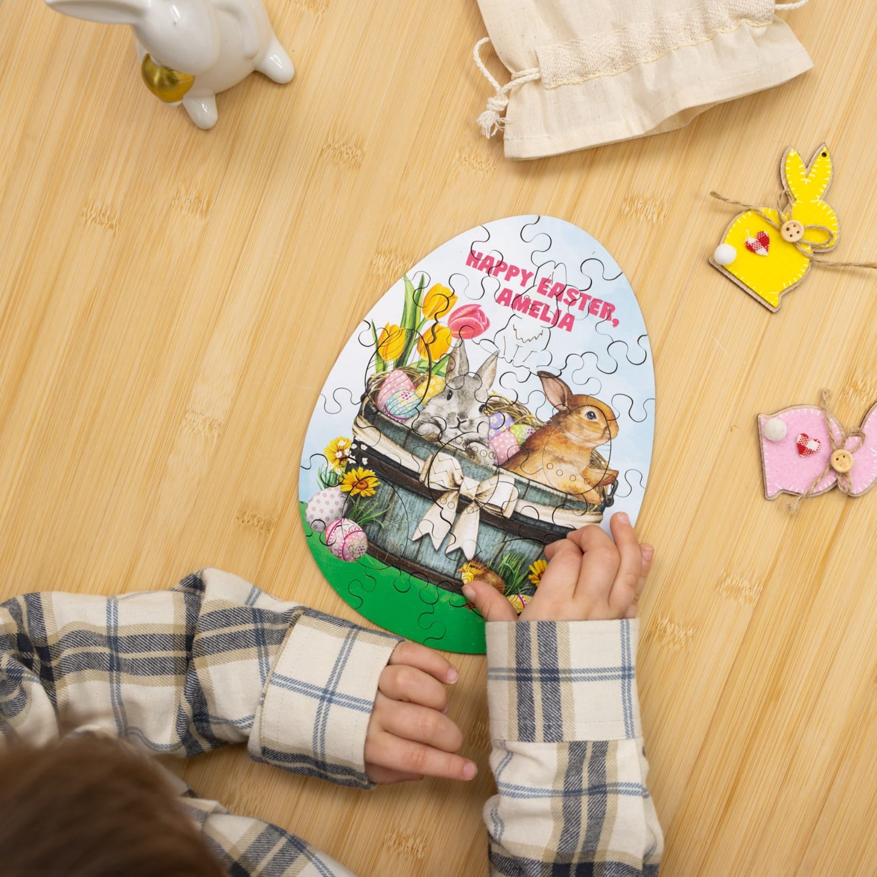 Wooden Easter Jigsaw Puzzle for Kids - Easter Rabbits in Basket - Woods Story