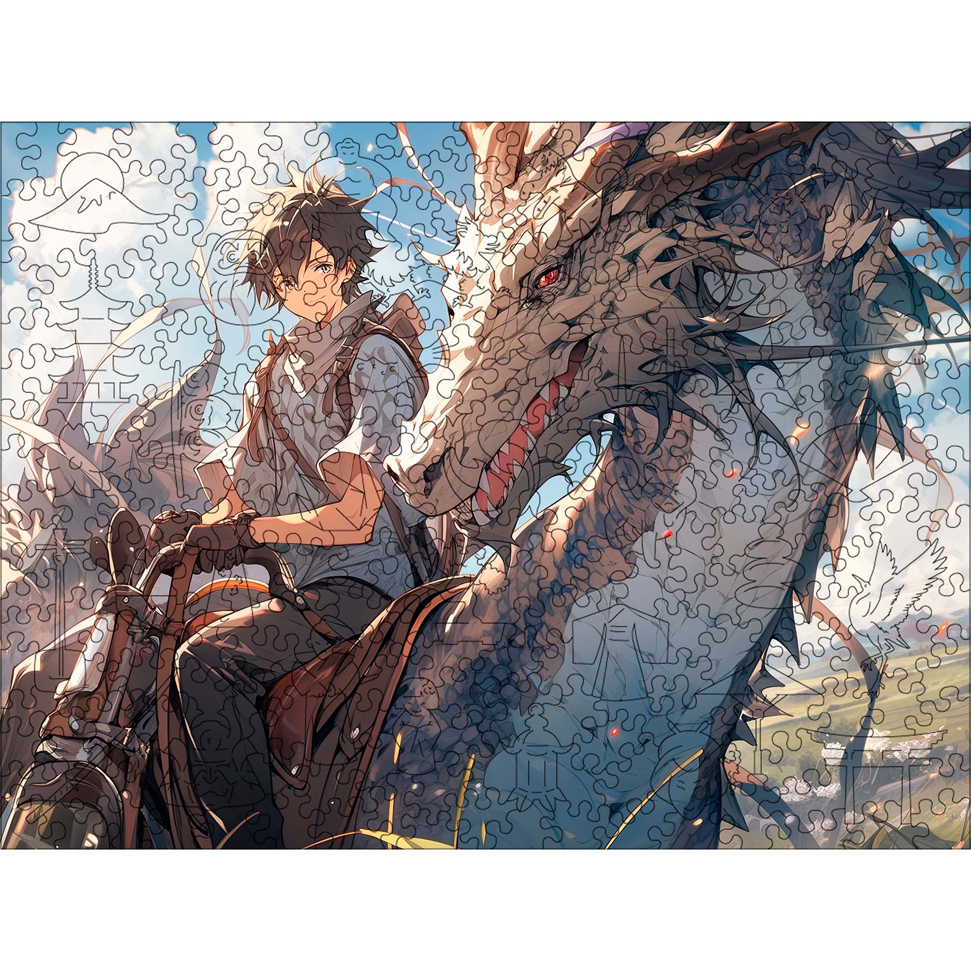 Wooden Jigsaw Puzzle Anime Boy Riding Dragon - Woods Story