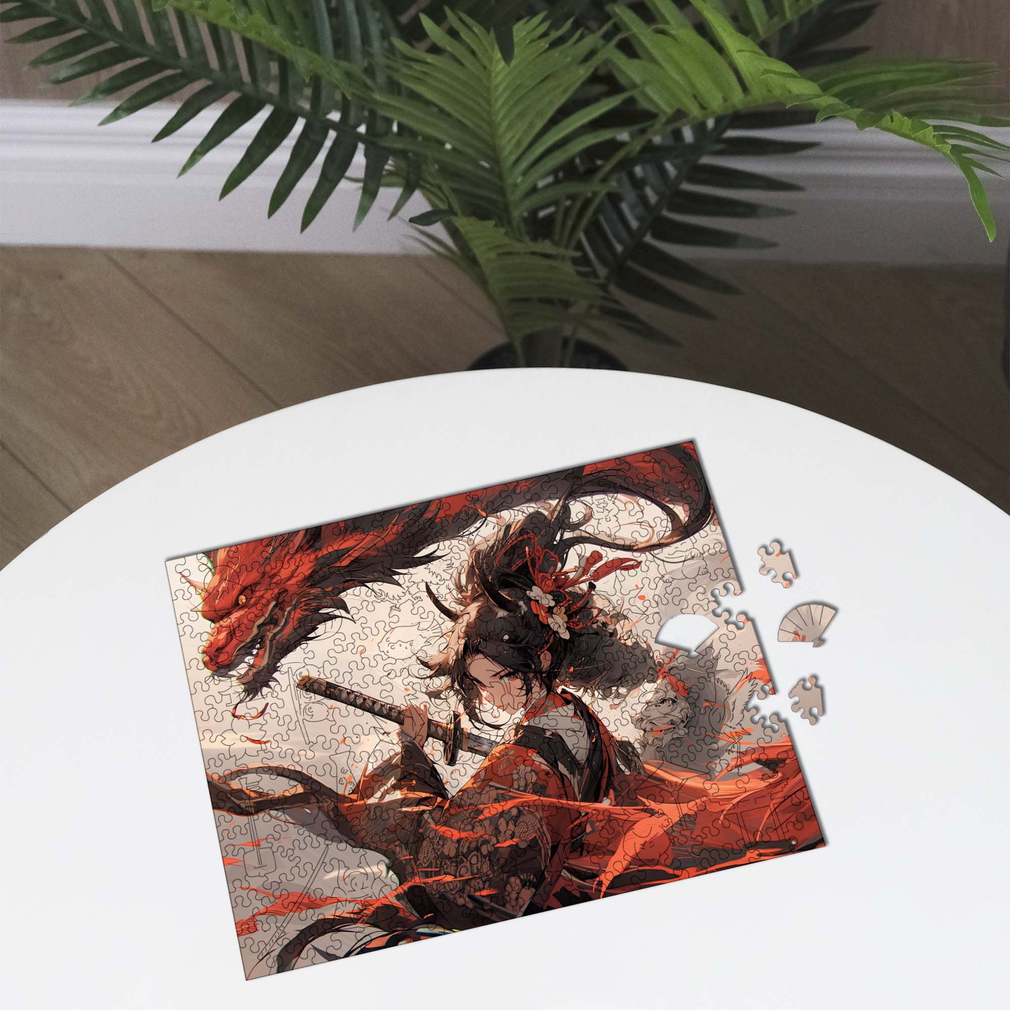 Wooden Jigsaw Puzzle Anime Girl with Red Dragon - Woods Story