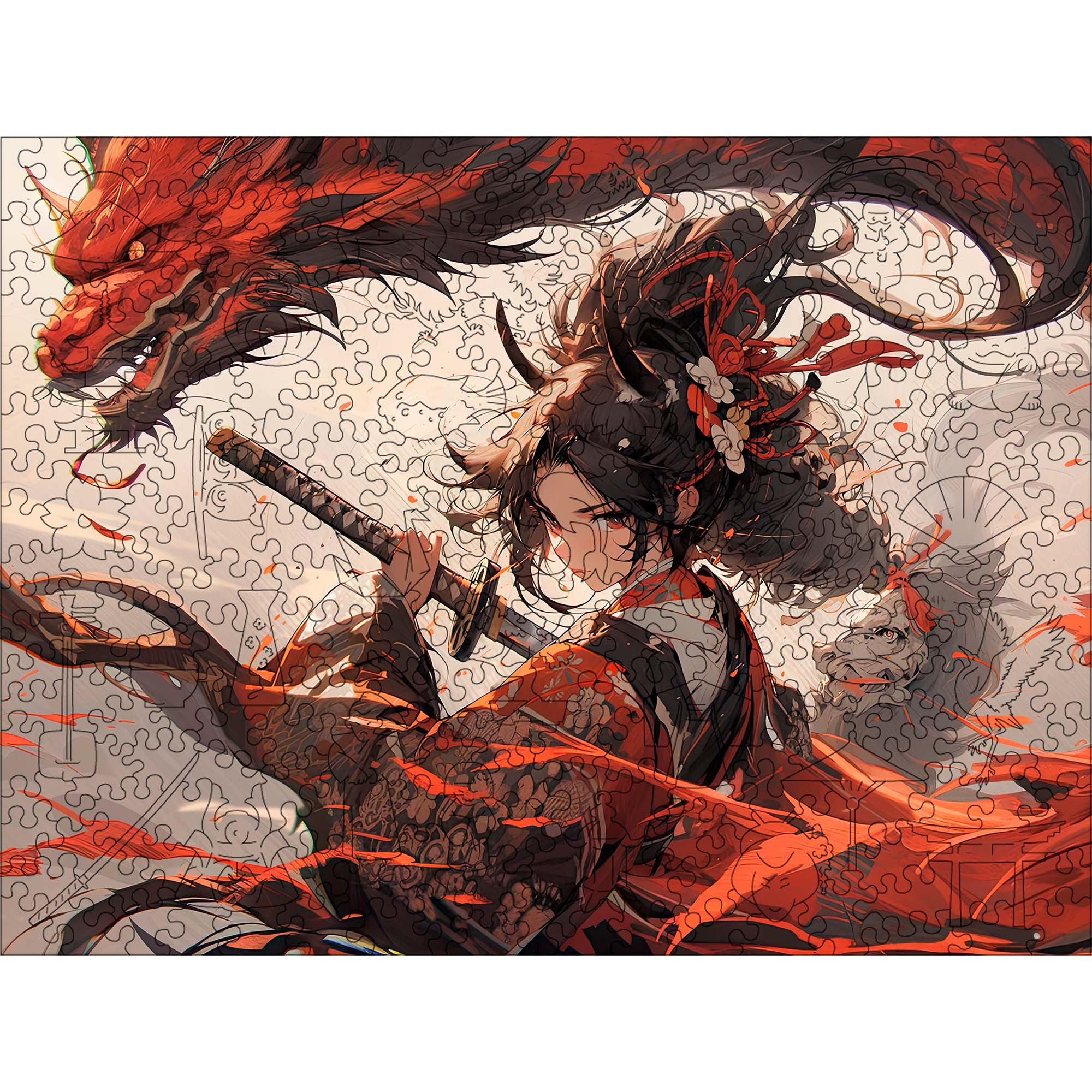Wooden Jigsaw Puzzle Anime Girl with Red Dragon - Woods Story