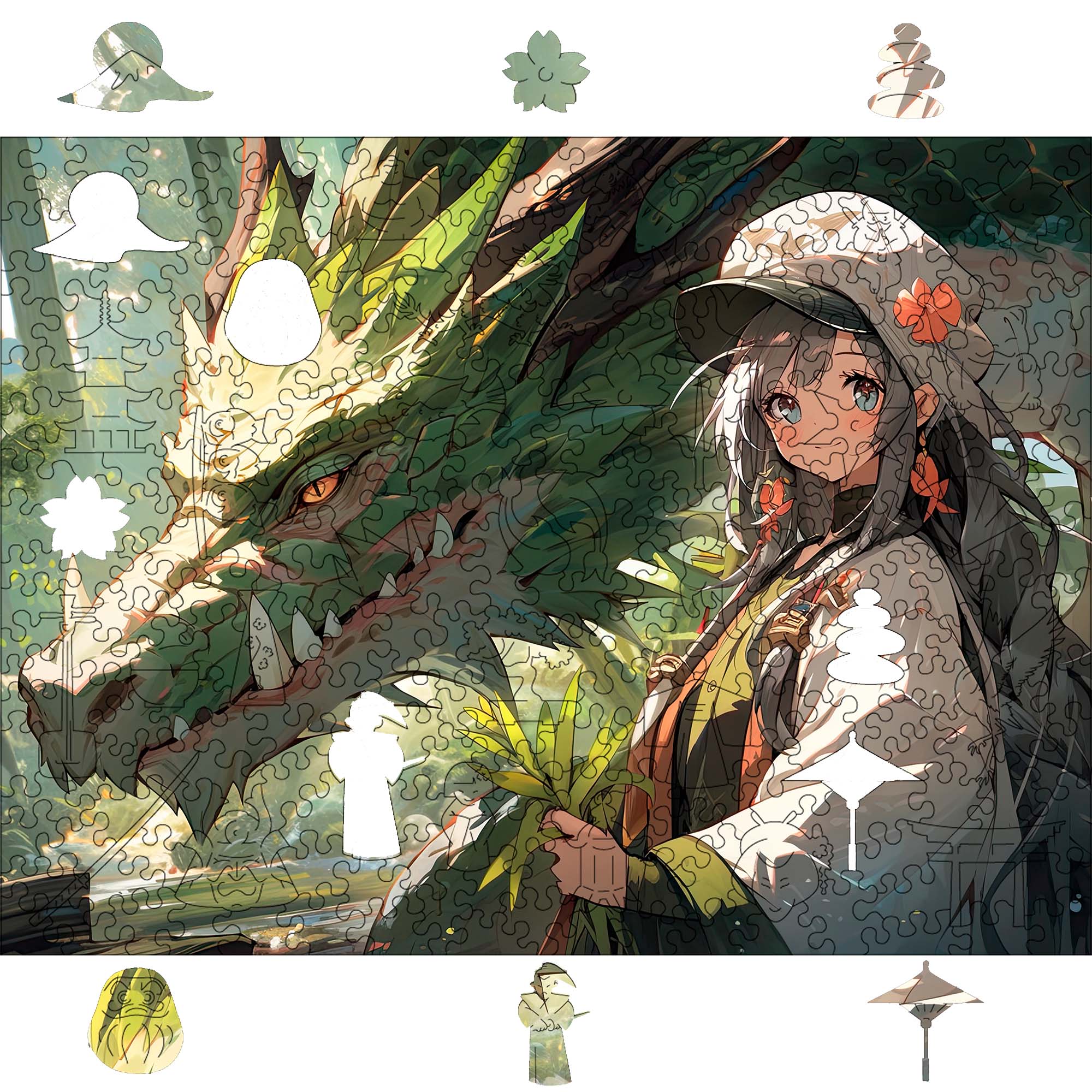 Wooden Jigsaw Puzzle Anime Green Dragon Girl - Woods Story