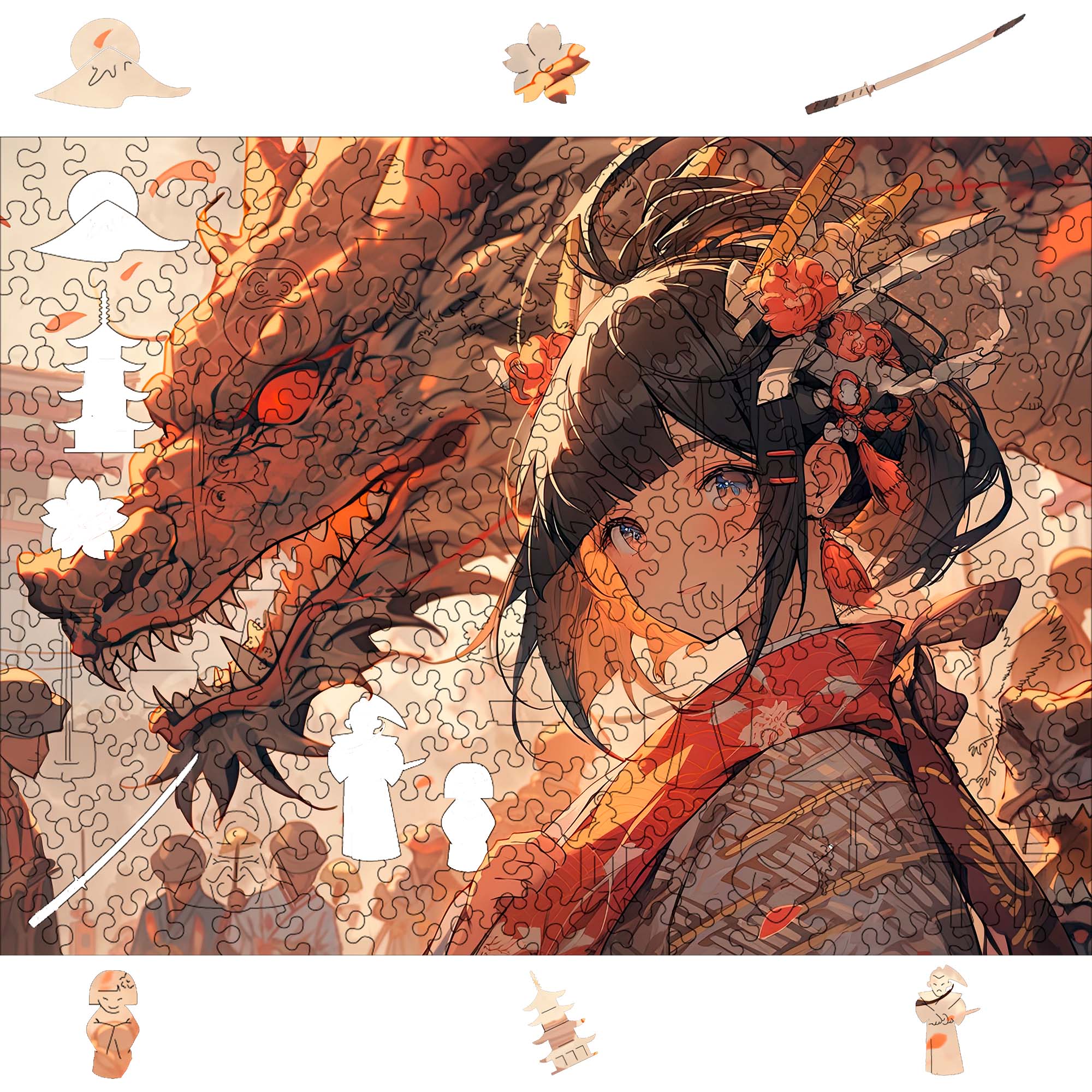 Wooden Jigsaw Puzzle Anime Lady and Red Dragon - Woods Story