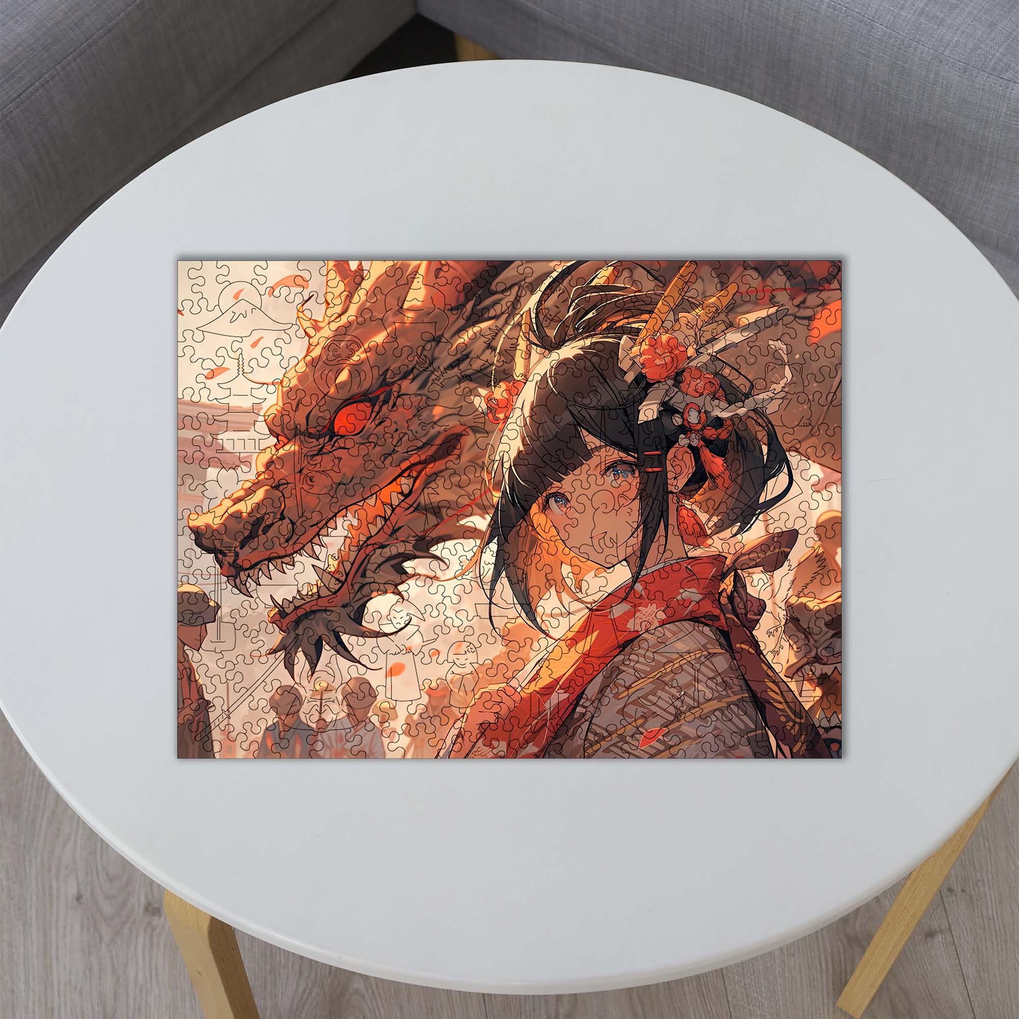 Wooden Jigsaw Puzzle Anime Lady and Red Dragon - Woods Story