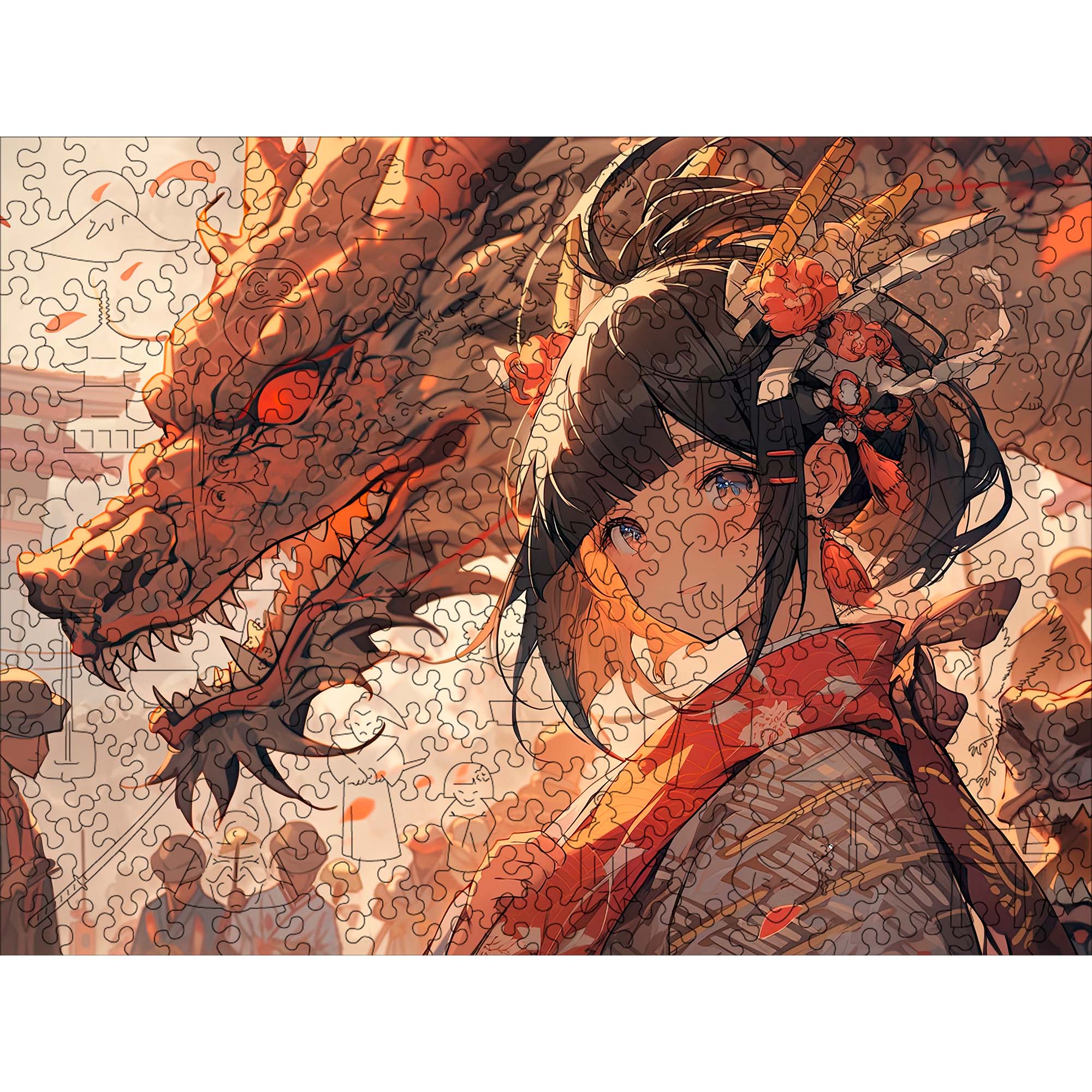 Wooden Jigsaw Puzzle Anime Lady and Red Dragon - Woods Story