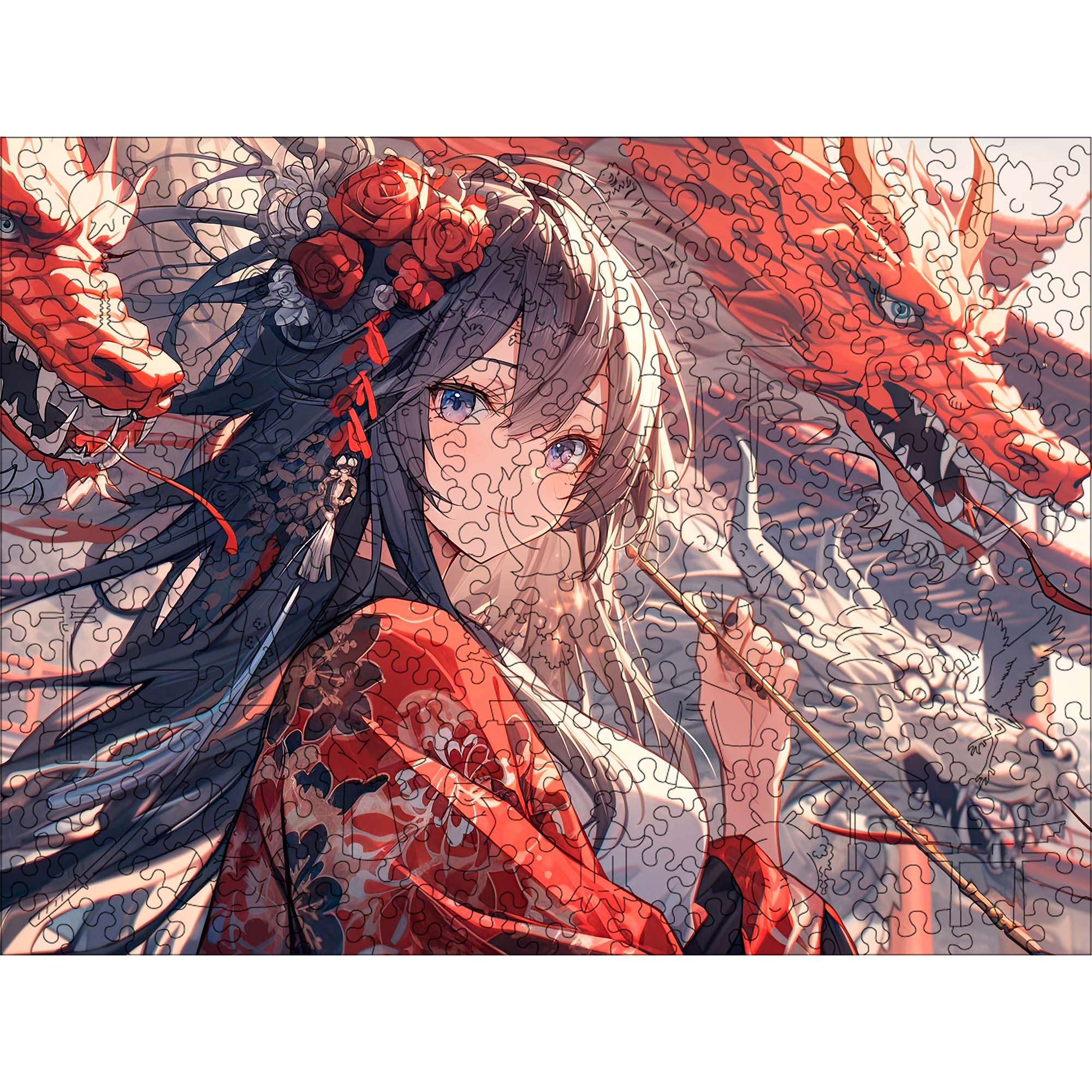 Wooden Jigsaw Puzzle Anime Red Dragon Girl - Woods Story